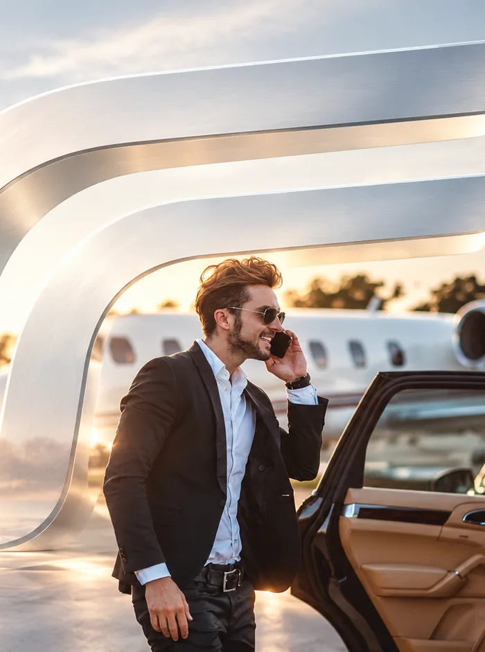 A business jet on the apron at golden hour