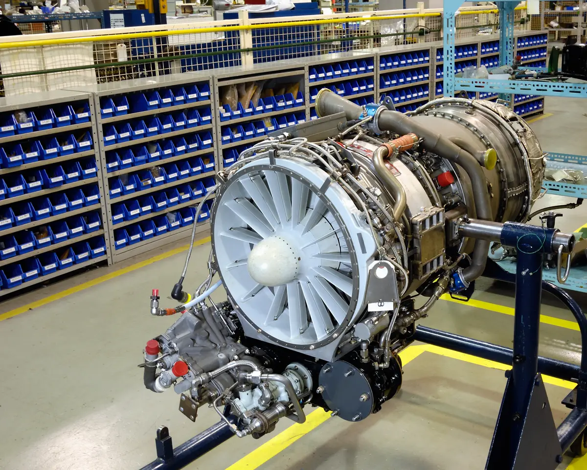 Jet engine on a stand in a maintenance workshop