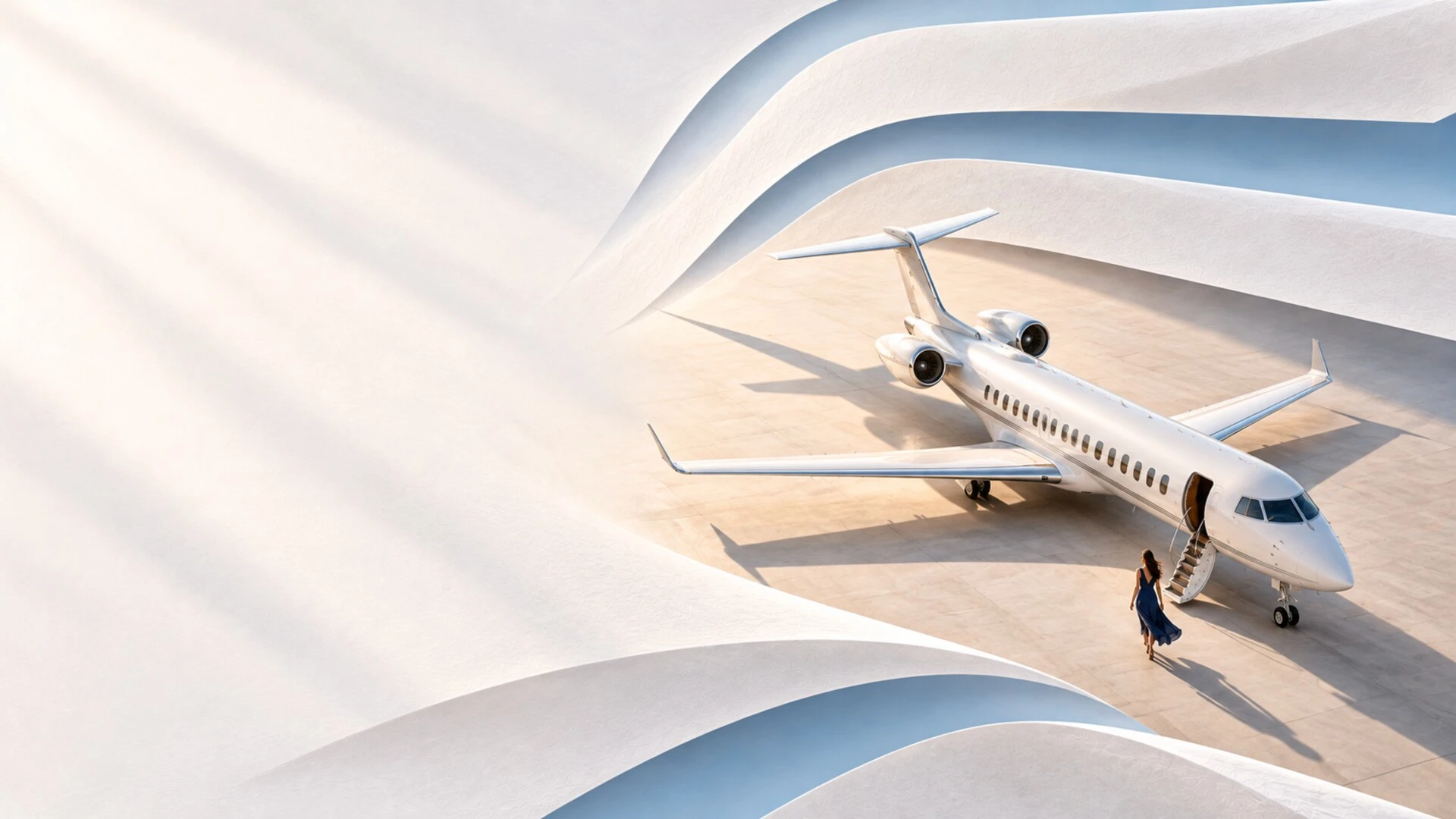 A traveller walks to a waiting business jet on a sunlit apron