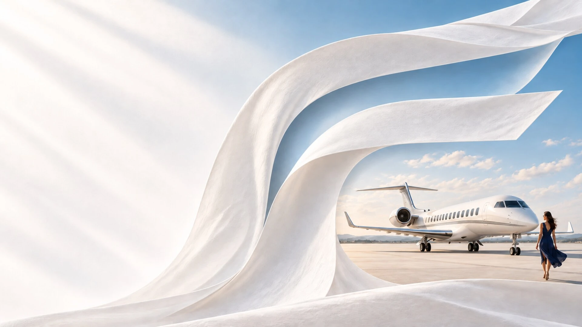 A passenger walks toward a business jet on the runway under a blue sky